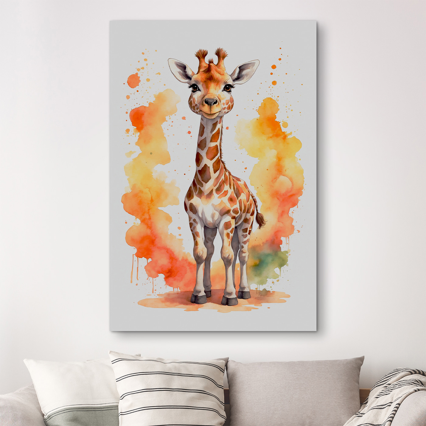A giraffe standing in front of orange and yellow splashes