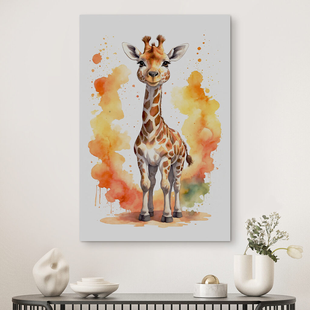 A giraffe standing in front of orange and yellow splashes