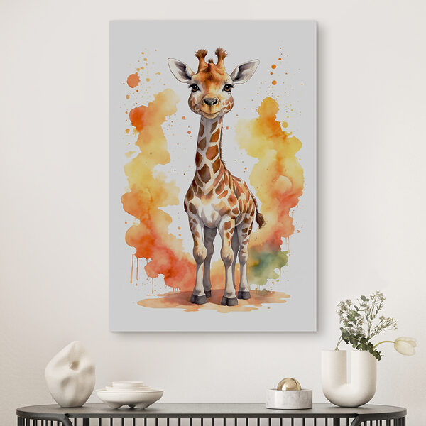 A giraffe standing in front of orange and yellow splashes