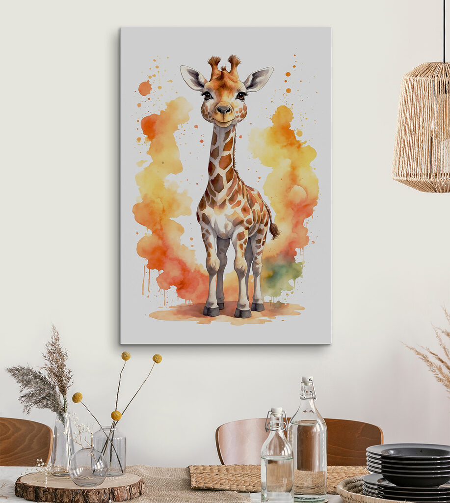 A giraffe standing in front of orange and yellow splashes