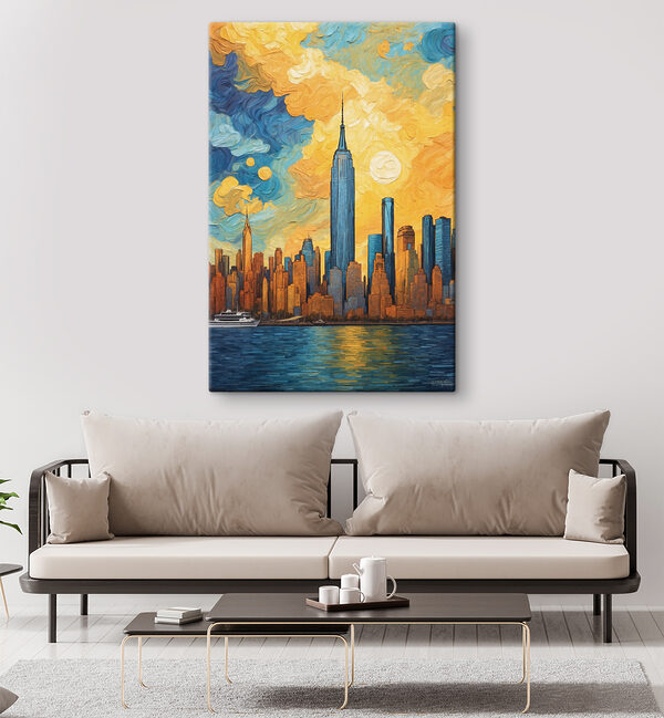 A painting of a city skyline