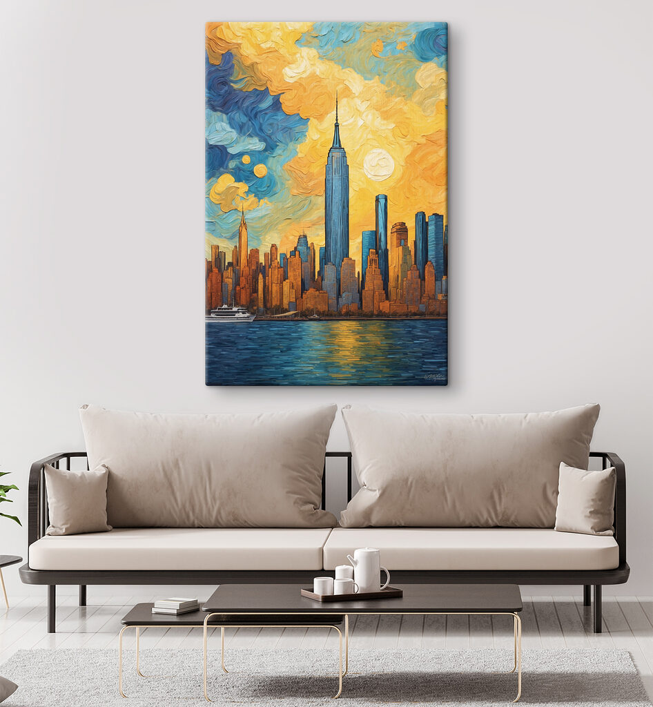 A painting of a city skyline