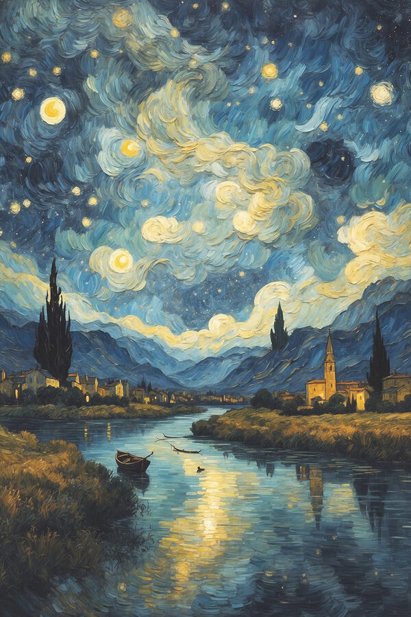 A painting of a town and a river A painting of a town and a river