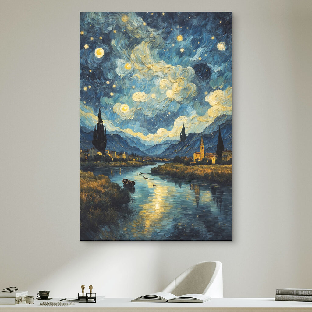 A painting of a town and a river A painting of a town and a river