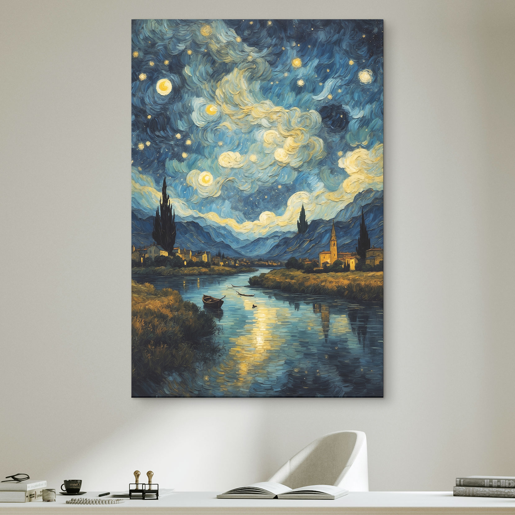 A painting of a town and a river A painting of a town and a river