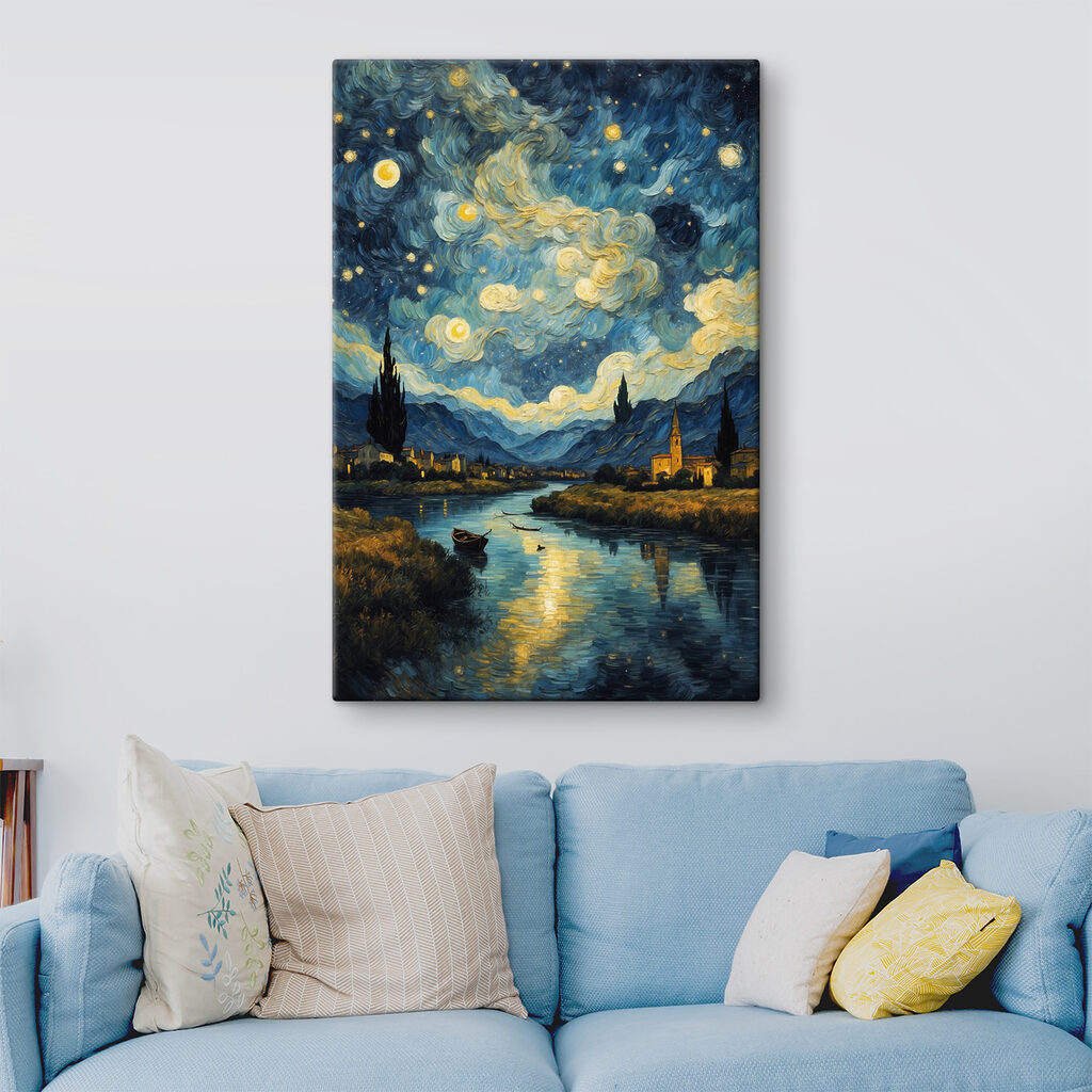 A painting of a town and a river A painting of a town and a river