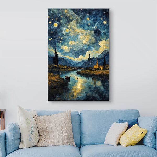 A painting of a town and a river A painting of a town and a river