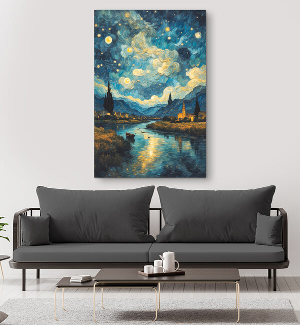 A painting of a town and a river A painting of a town and a river