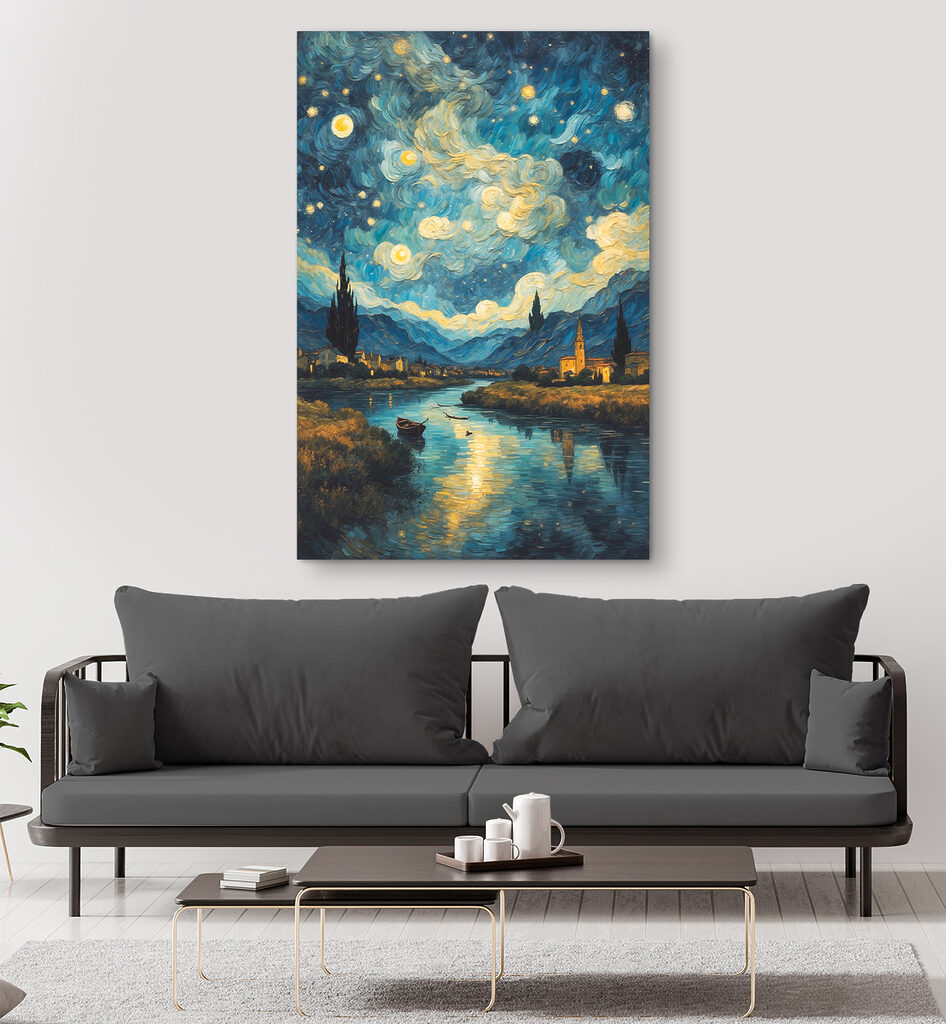 A painting of a town and a river A painting of a town and a river