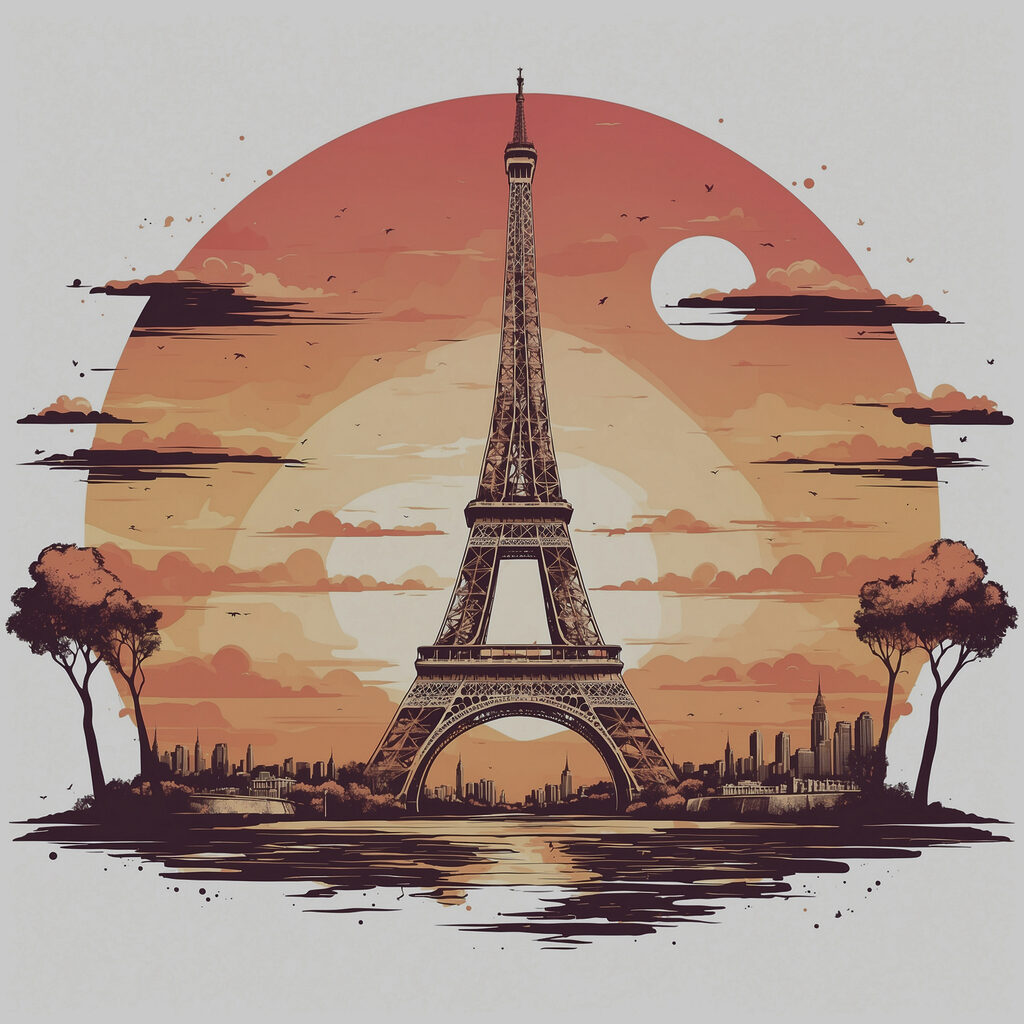 A tower with a sunset behind it