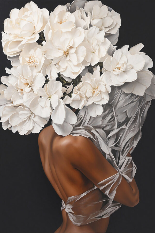 A woman with white flowers on her head