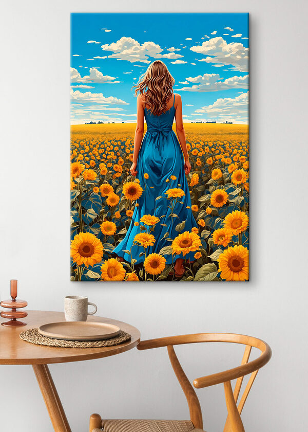 Una mujer con un vestido azul en un campo de girasoles Cuadros Una mujer con un vestido azul en un campo de girasoles