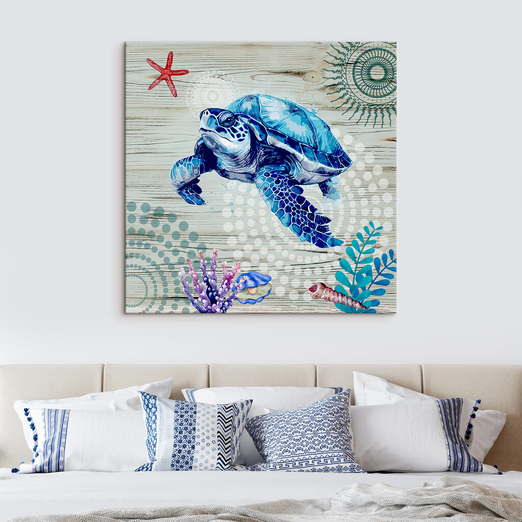 A blue sea turtle with corals and shells
