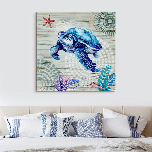 A blue sea turtle with corals and shells