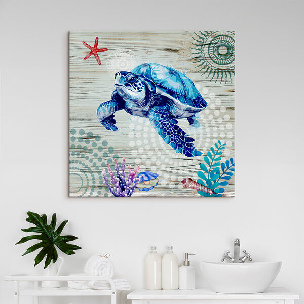A blue sea turtle with corals and shells