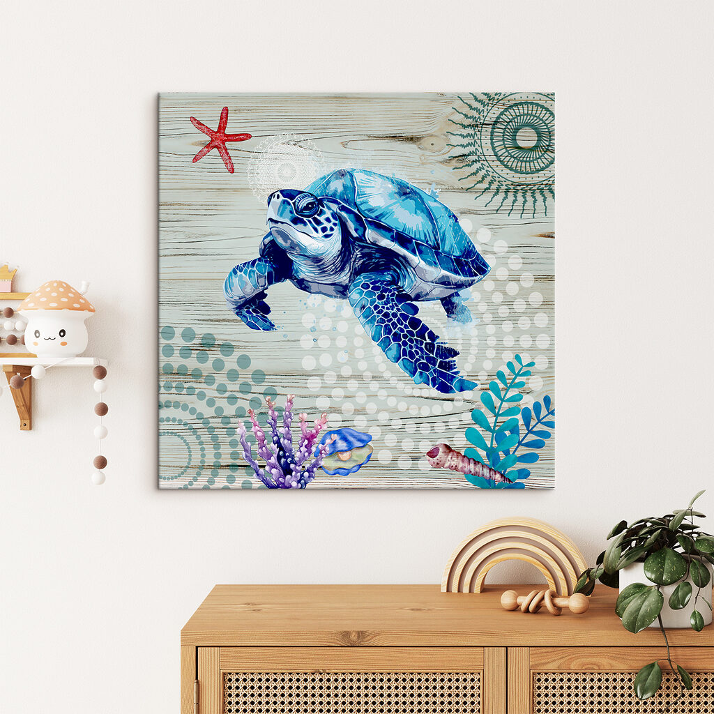 A blue sea turtle with corals and shells