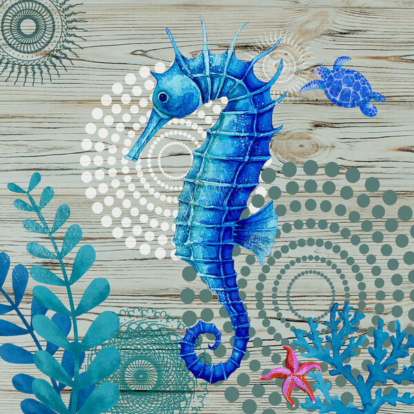 A blue seahorse and seaweed on a wood surface A blue seahorse and seaweed on a wood surface