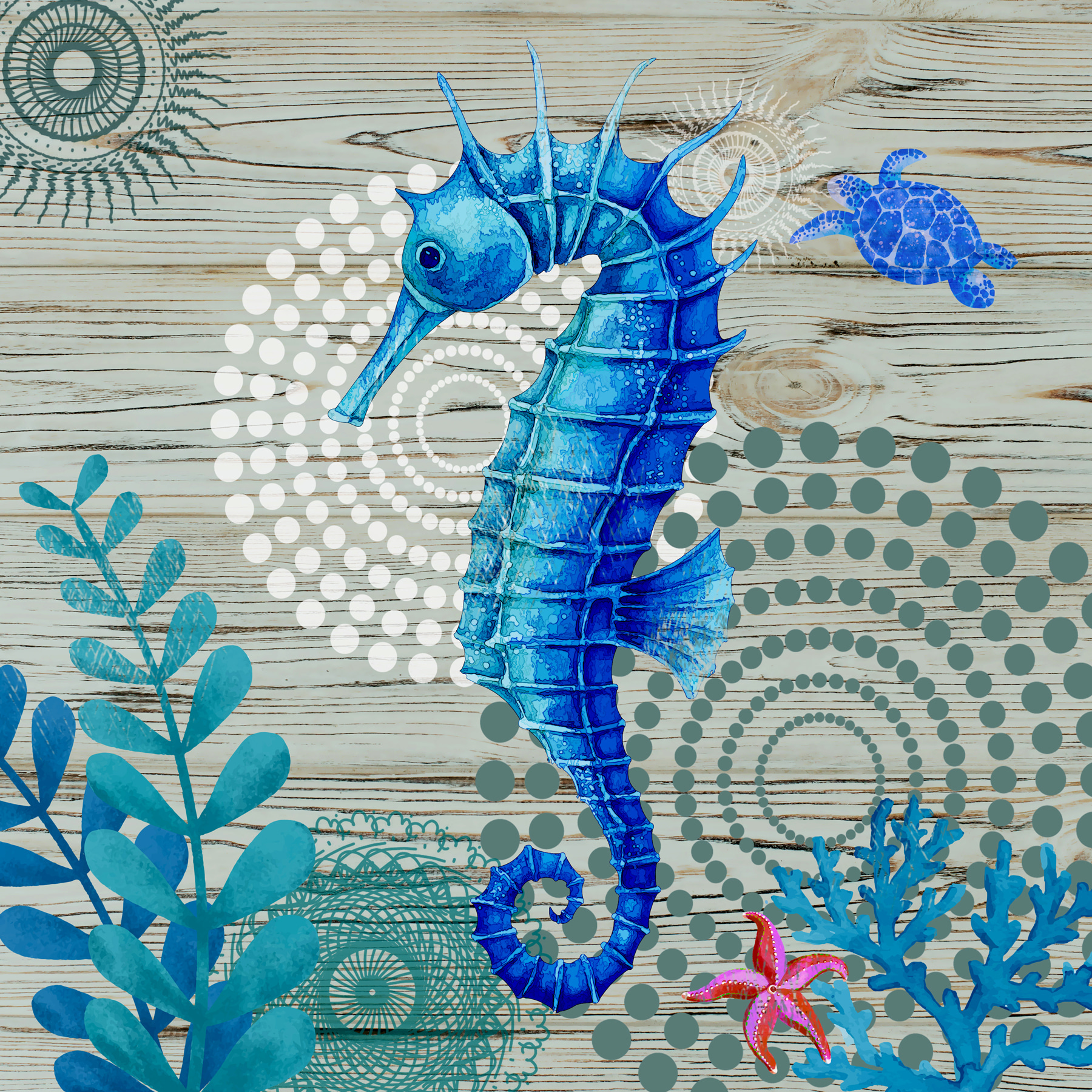 A blue seahorse and seaweed on a wood surface A blue seahorse and seaweed on a wood surface