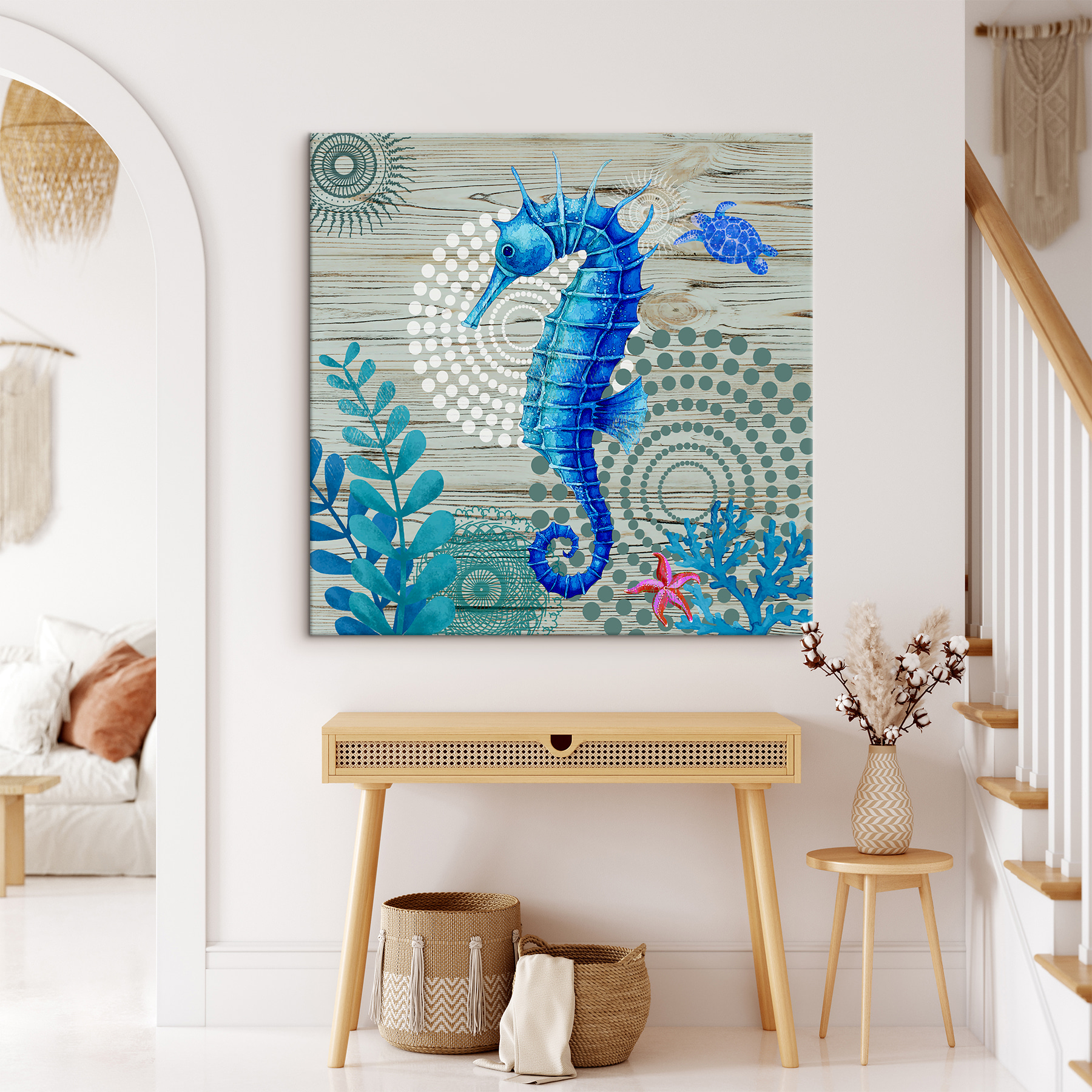 A blue seahorse and seaweed on a wood surface A blue seahorse and seaweed on a wood surface