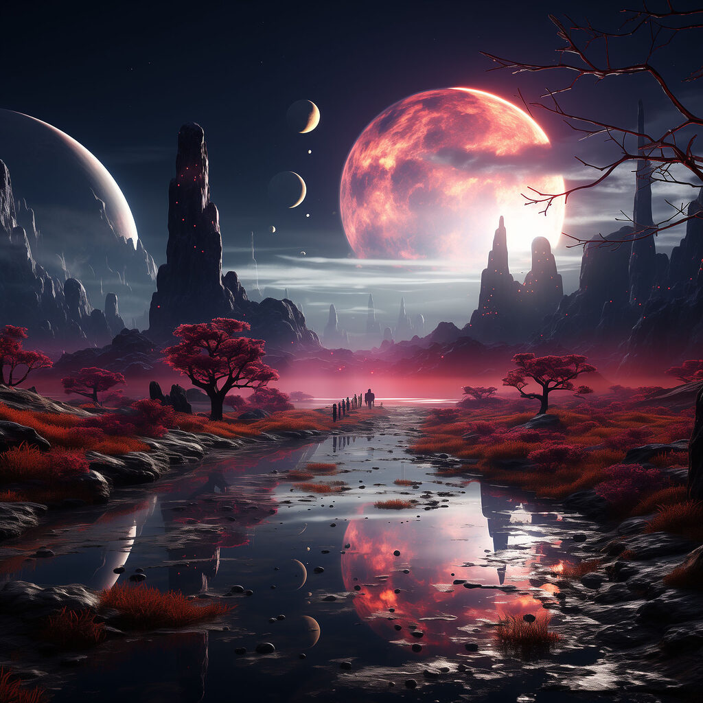 A river with red plants and trees and moon in the sky