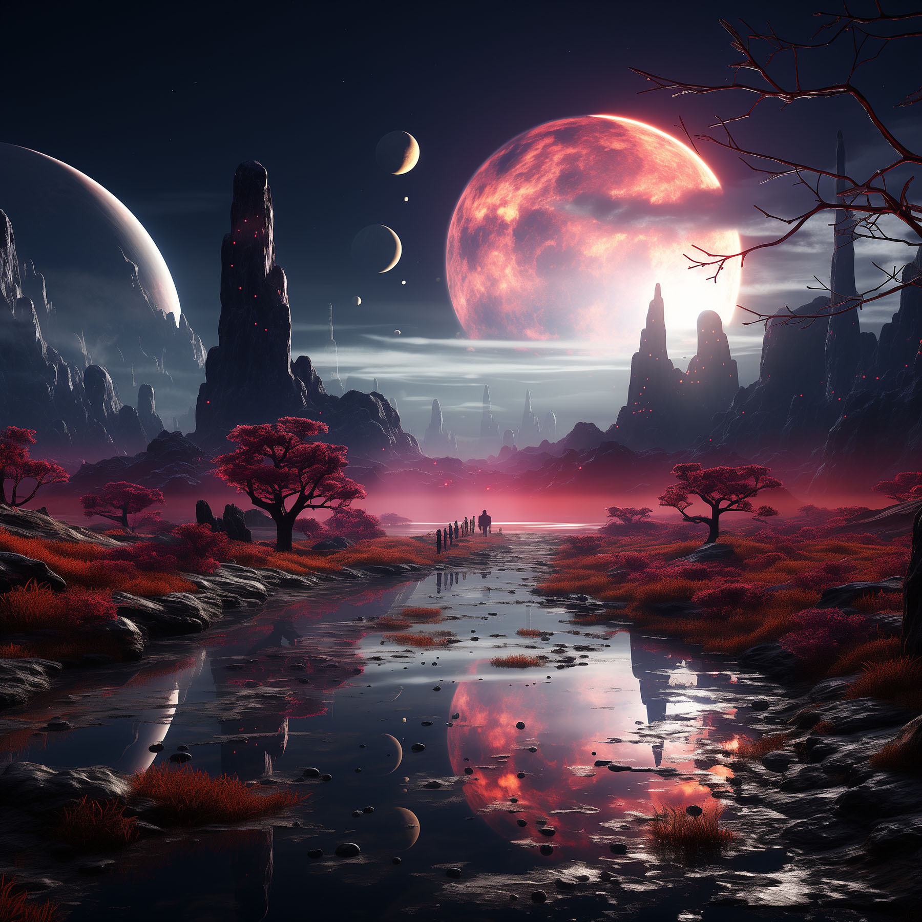 A river with red plants and trees and moon in the sky