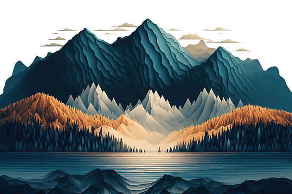 A mountain range with trees and a lake