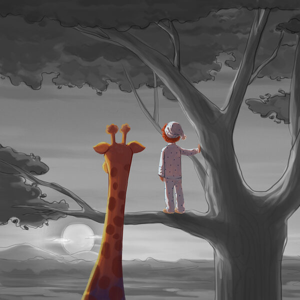 A giraffe and a child standing in a tree