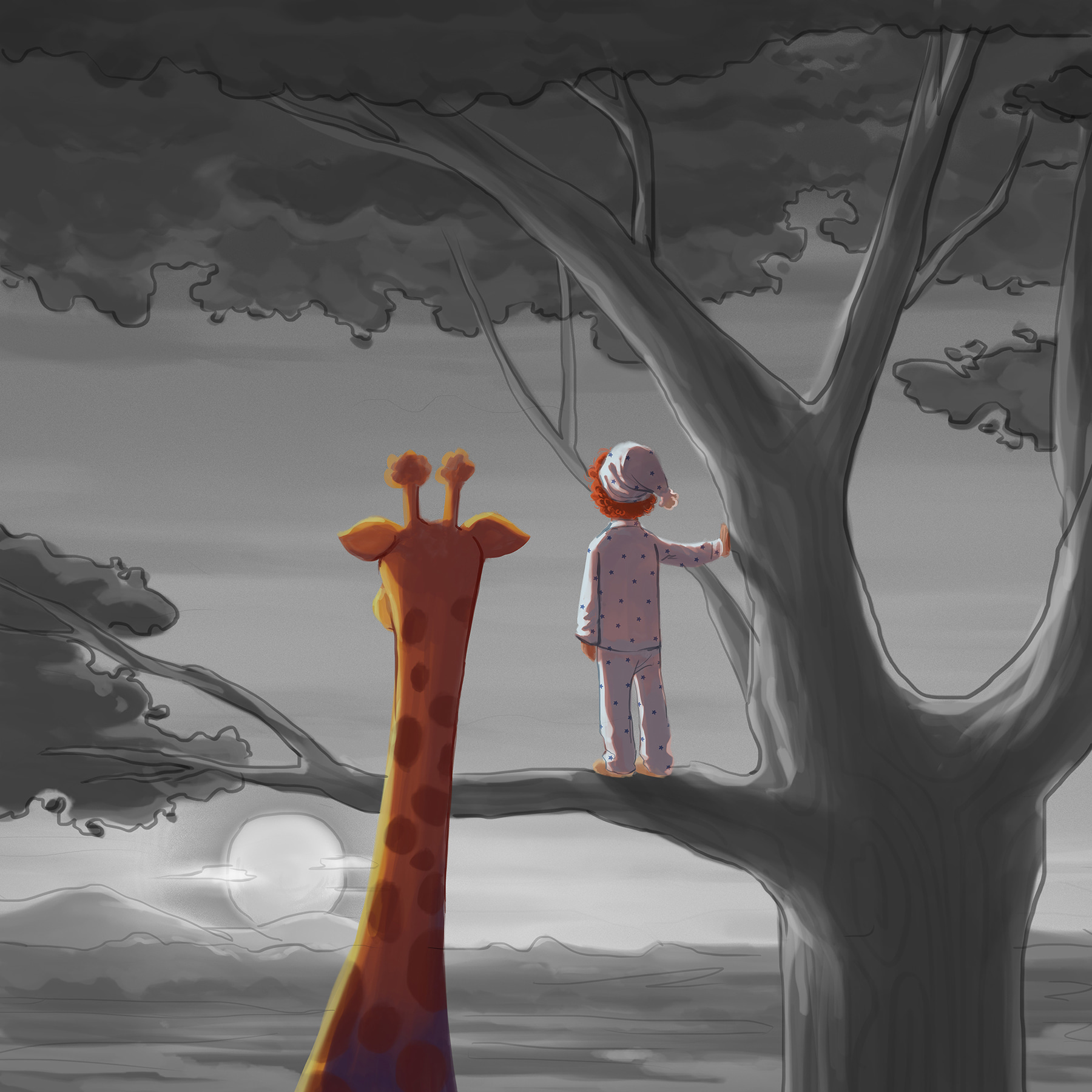 A giraffe and a child standing in a tree