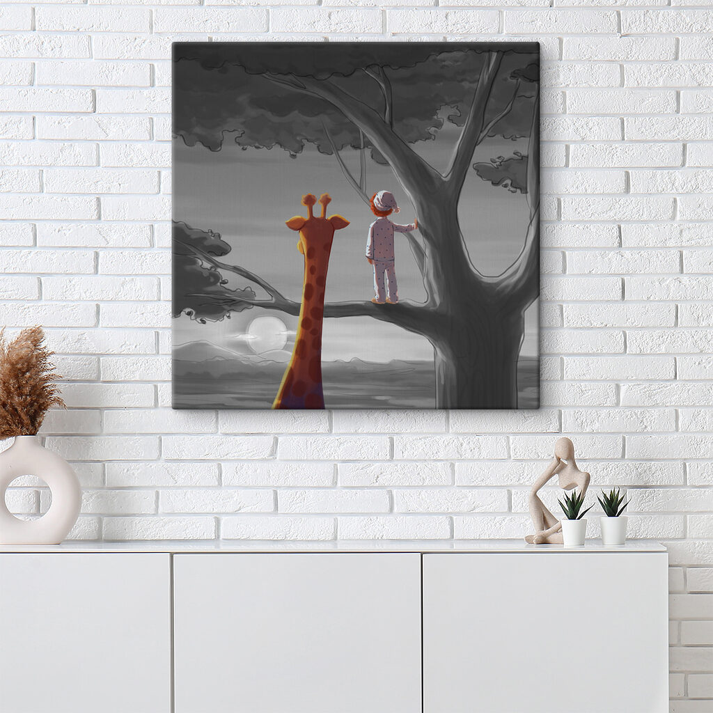 A giraffe and a child standing in a tree