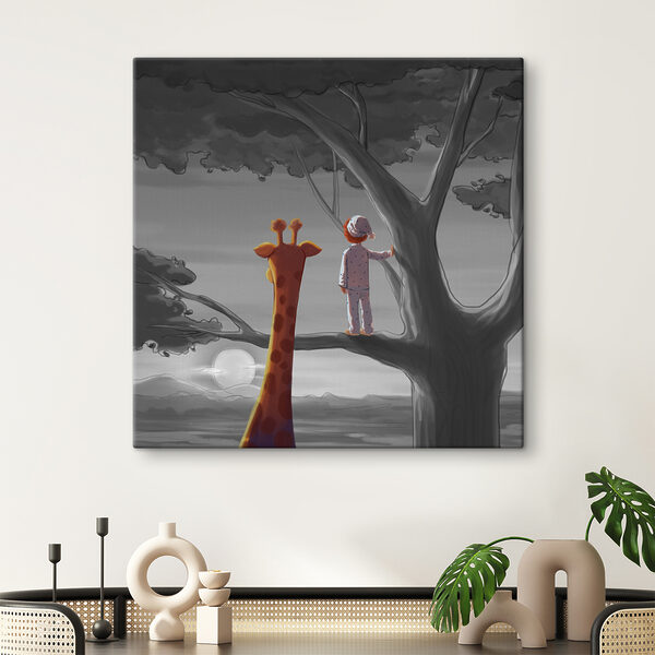 A giraffe and a child standing in a tree