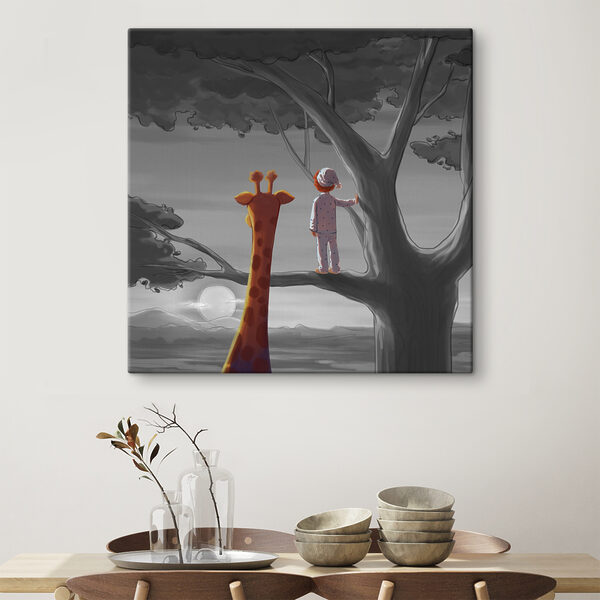 A giraffe and a child standing in a tree