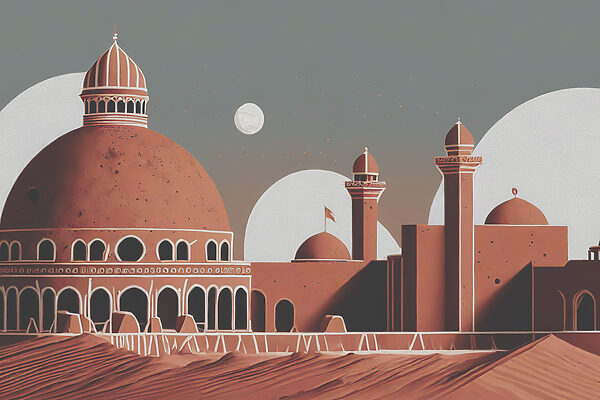 A desert landscape with a building and towers A desert landscape with a building and towers