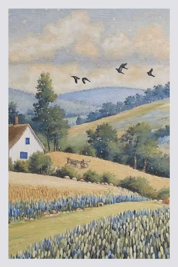 A painting of a house and a field of flowers A painting of a house and a field of flowers
