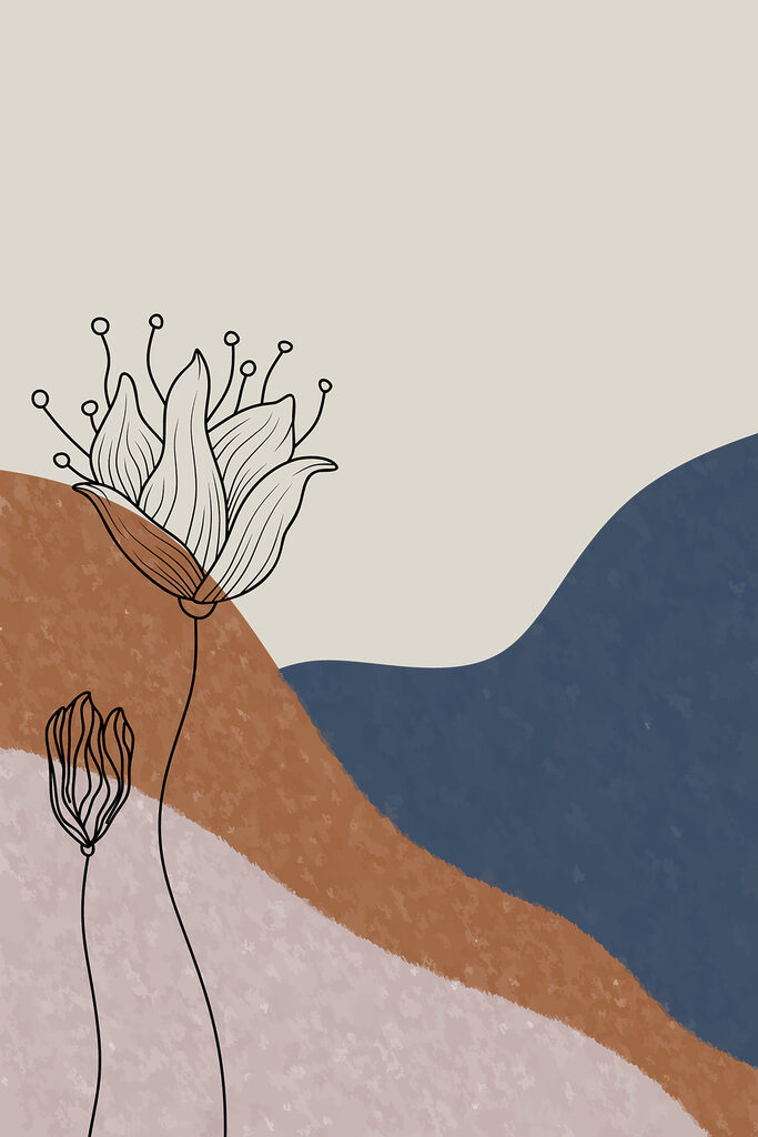 A drawing of flowers on a background of blue and brown hills