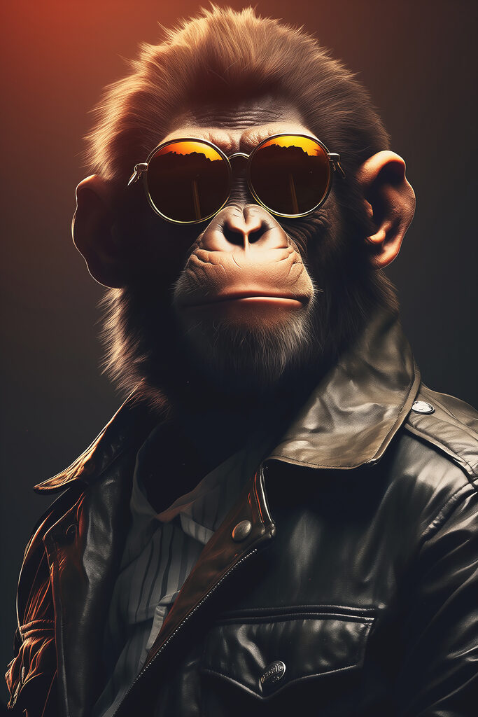 A monkey wearing sunglasses and a leather jacket