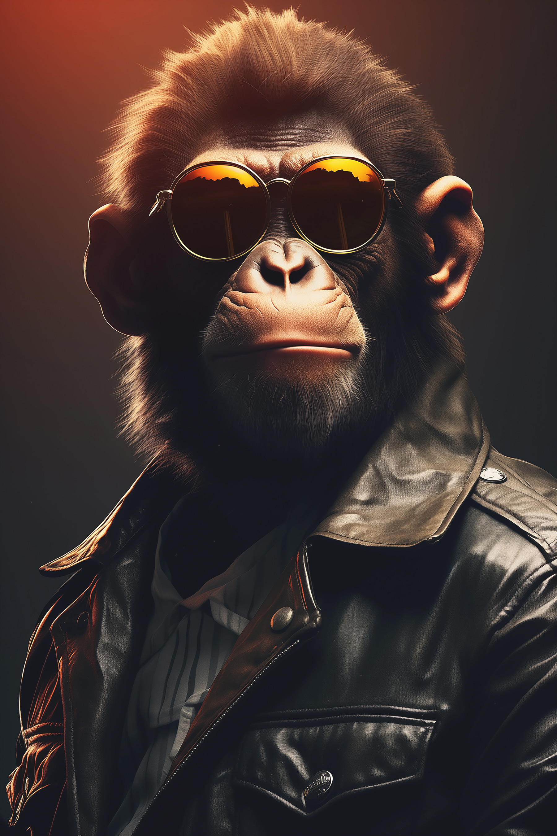 A monkey wearing sunglasses and a leather jacket
