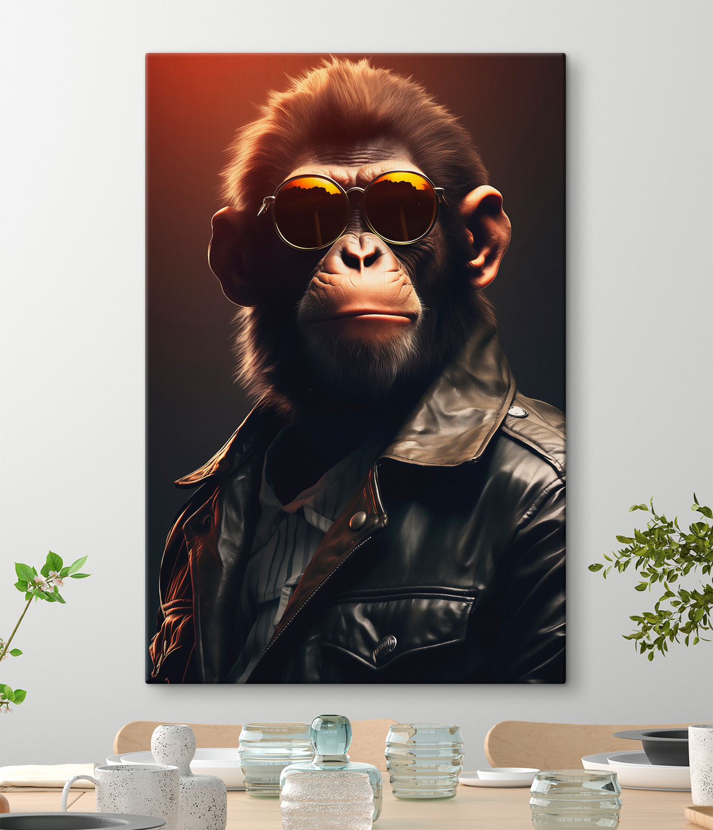 A monkey wearing sunglasses and a leather jacket
