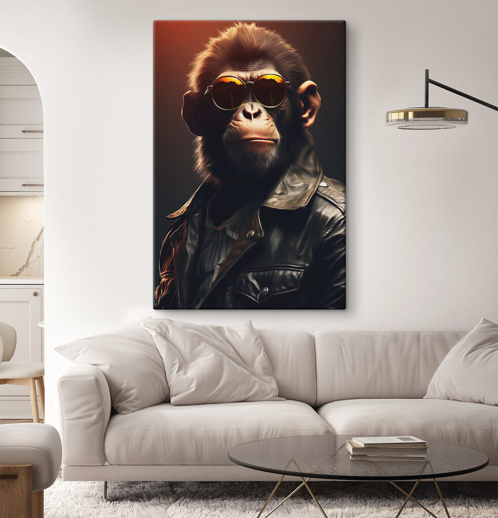A monkey wearing sunglasses and a leather jacket