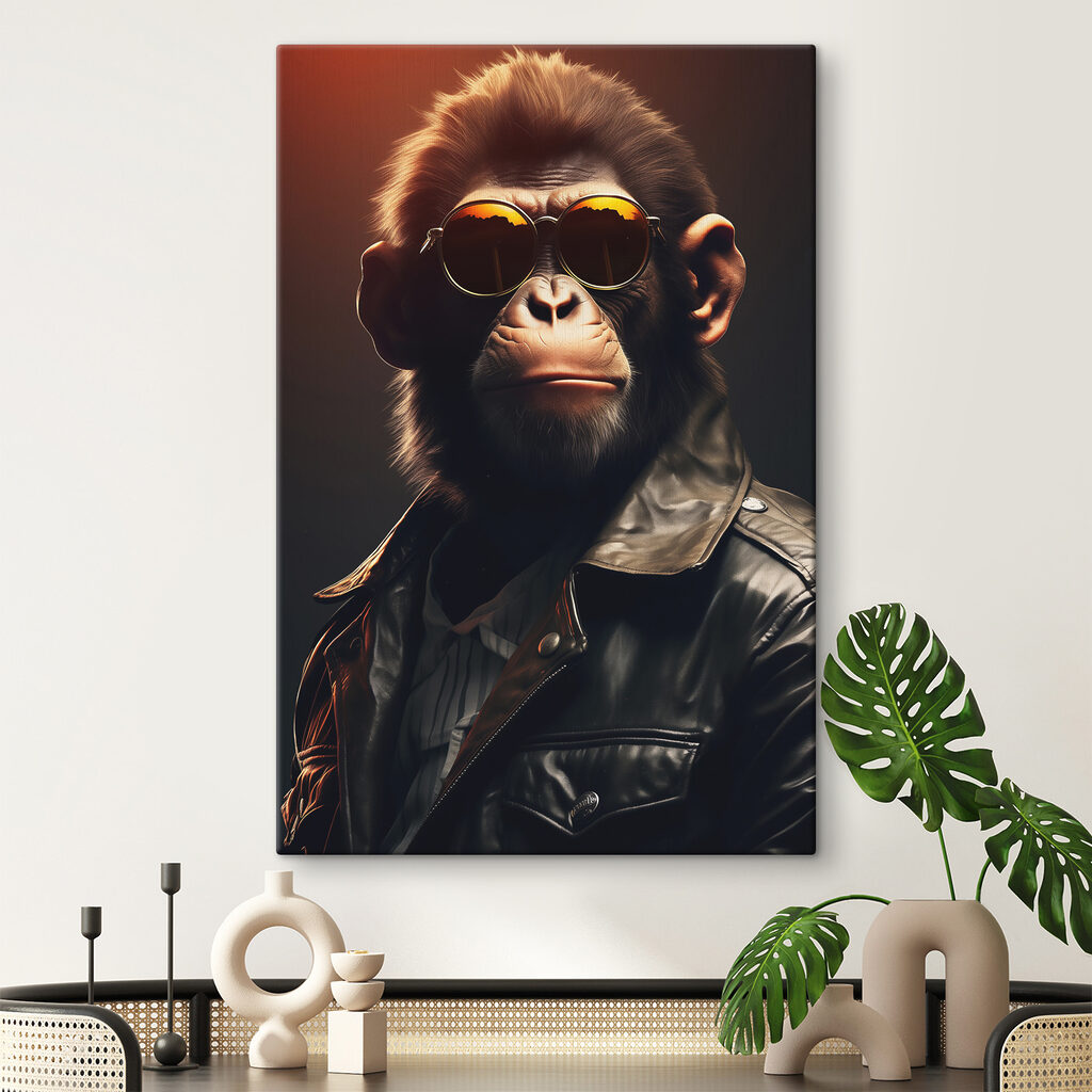 A monkey wearing sunglasses and a leather jacket