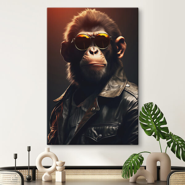 A monkey wearing sunglasses and a leather jacket