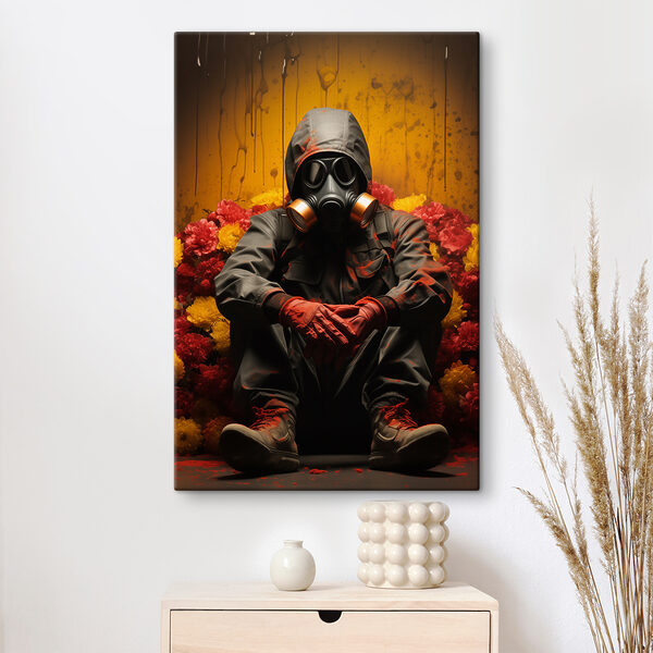 A person wearing a gas mask and gloves sitting in a chair with flowers A person wearing a gas mask and gloves sitting in a chair with flowers