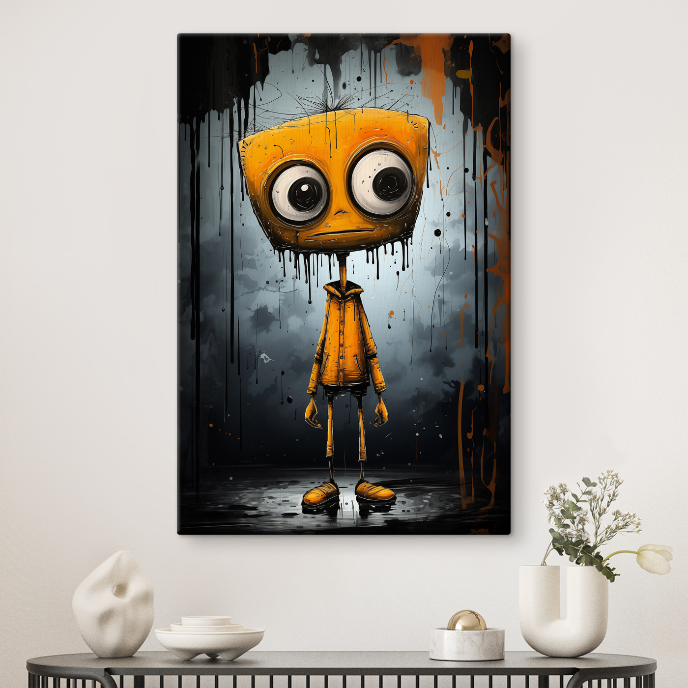 A cartoon character with a square head and large eyes A cartoon character with a square head and large eyes