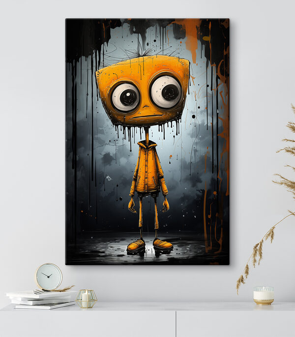 A cartoon character with a square head and large eyes A cartoon character with a square head and large eyes