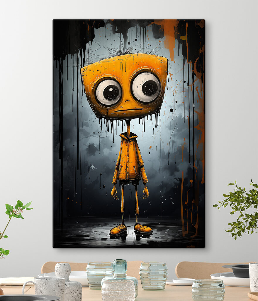 A cartoon character with a square head and large eyes A cartoon character with a square head and large eyes