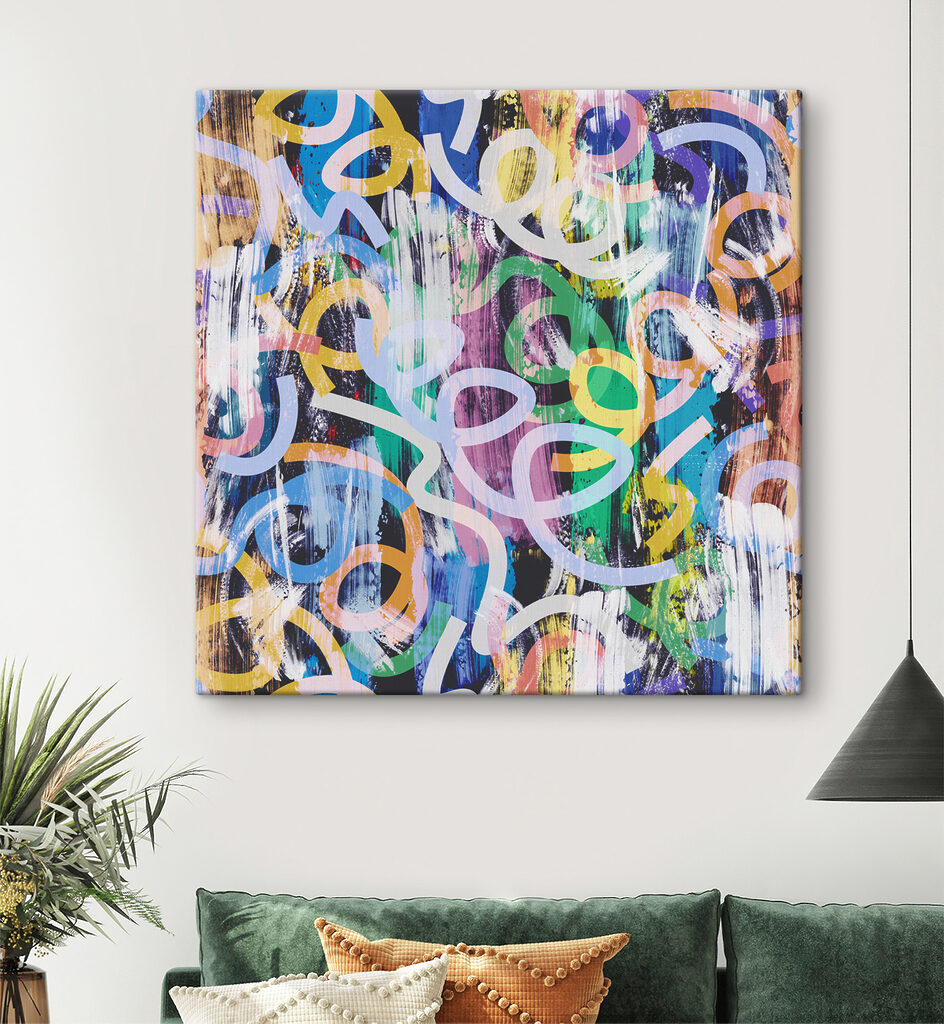 A colorful pattern with white and blue circles