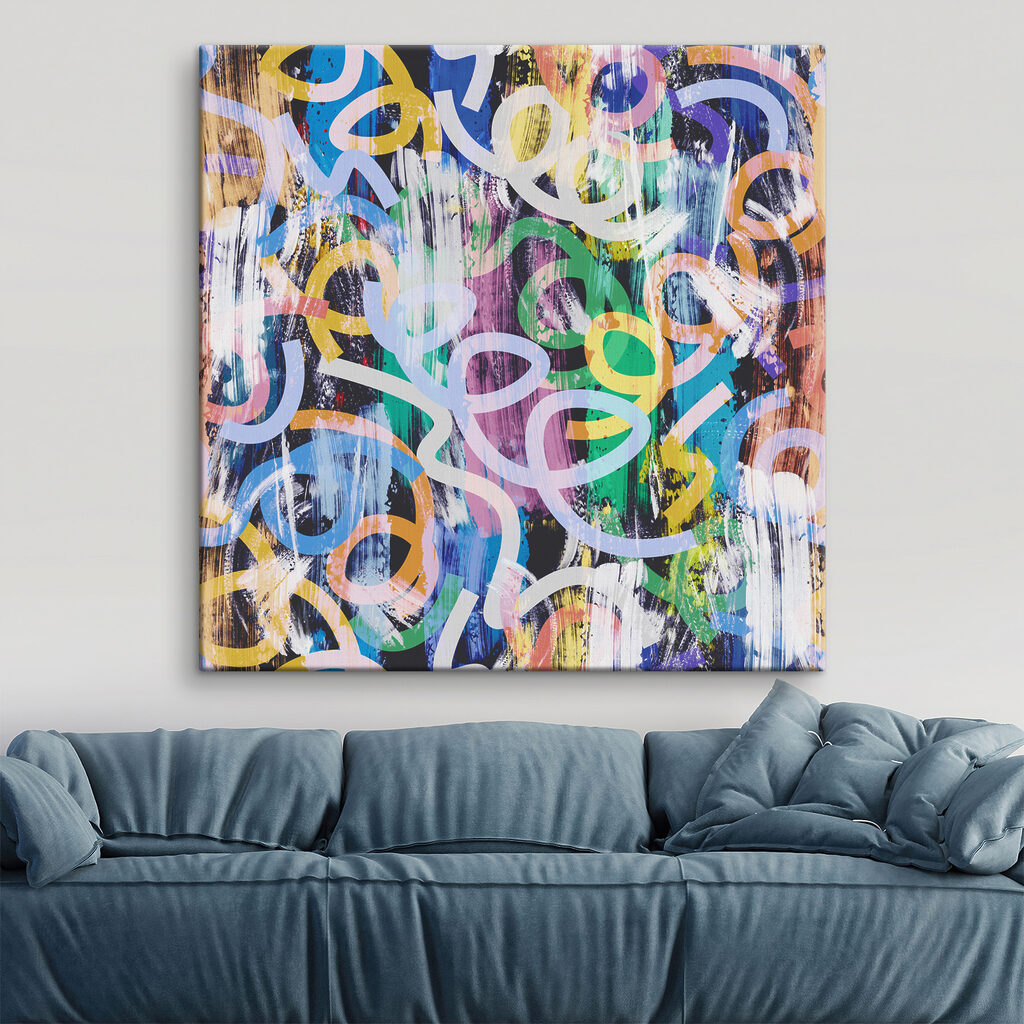A colorful pattern with white and blue circles