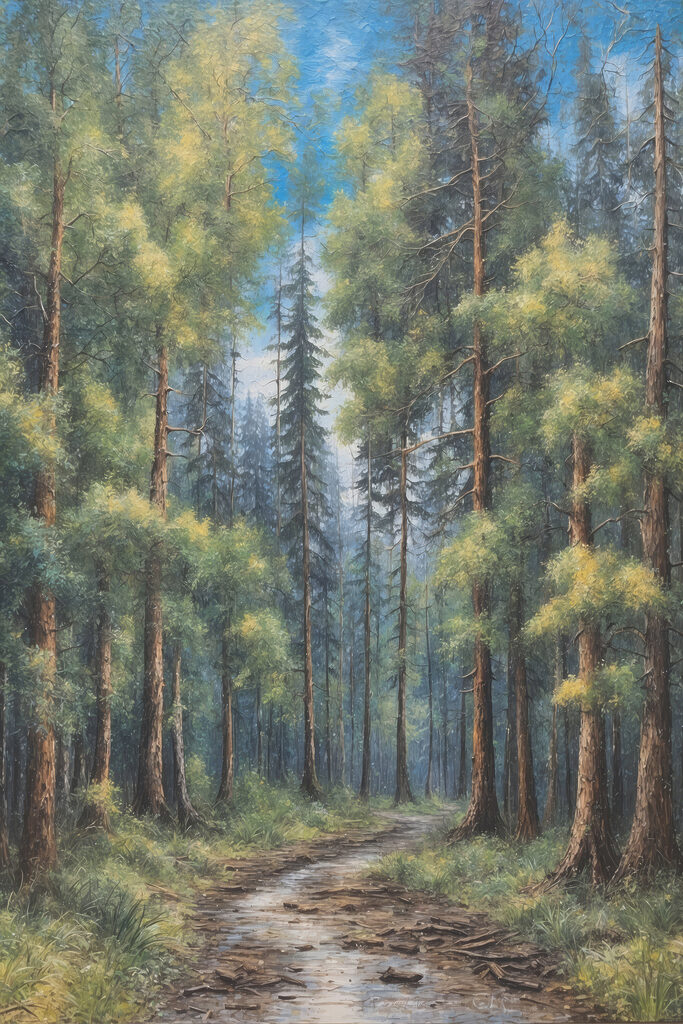 A painting of a forest of trees A painting of a forest of trees