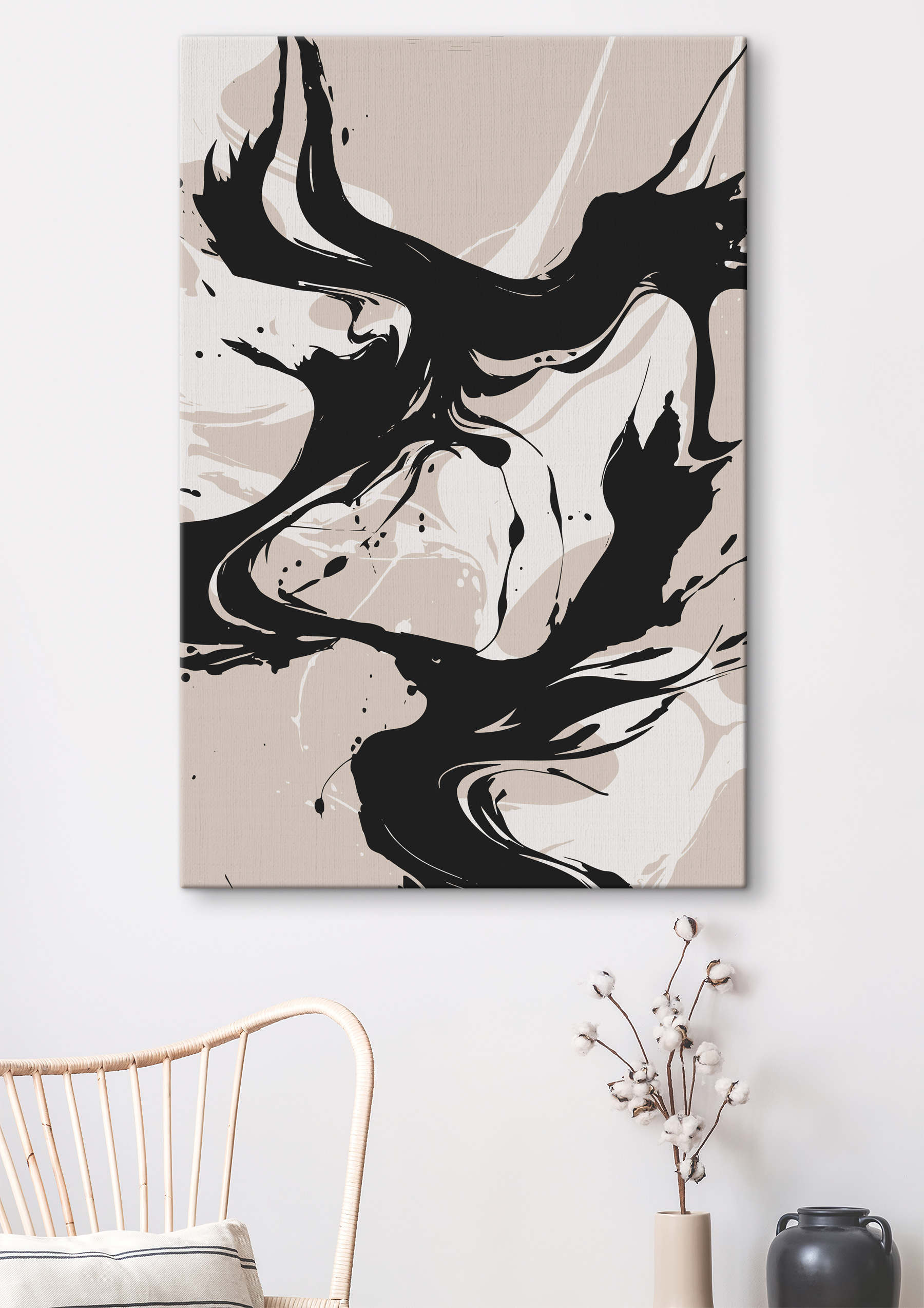 A black and white swirls on a tan background