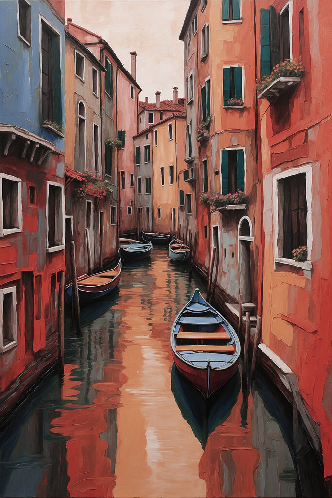 A rowboat in a canal between buildings A rowboat in a canal between buildings