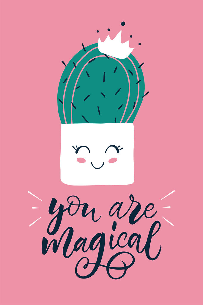 A cactus in a pot with a face and a quote